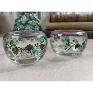 Yankee Candle ?  Hand Painted Pinecone Berries Votive Candle Holder Pair